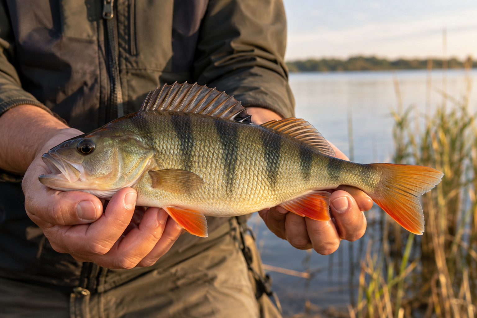 Perche tenue dans les mains d’un pêcheur au bord d’un lac